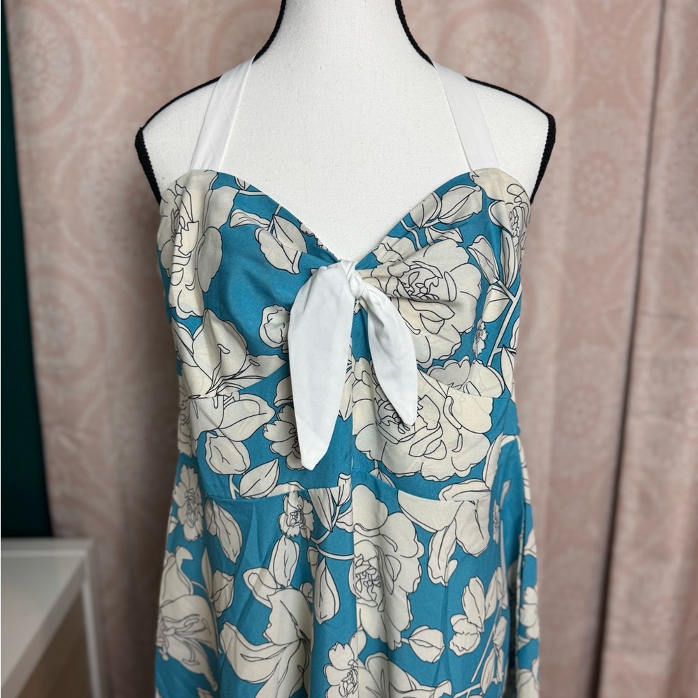 Unique Vintage Retro Blue White Hawaiian Floral A-Line Halter Dress Size XL 14. - Picture 2 of 11